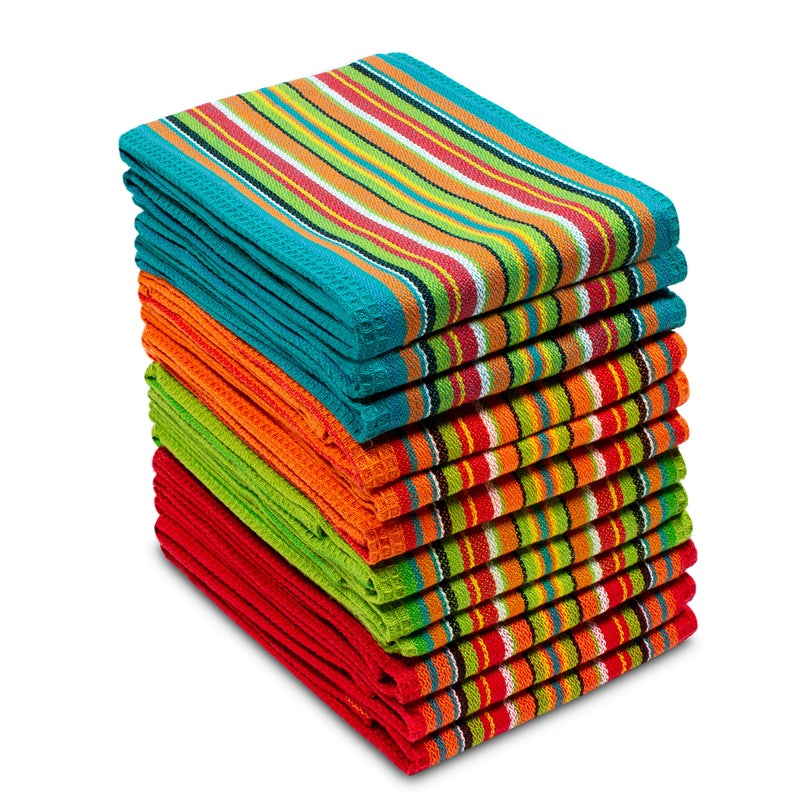 COTTON CRAFT Salsa Stripe Kitchen Towels - 12 Pack 100% Cotton Tea Dish Towels - Absorbent Reusable Low Lint Quick Dry - Multi Purpose Cooking Drying Restaurant Bar Cleaning Cloth Napkin - 16x28 Multi - Image 1